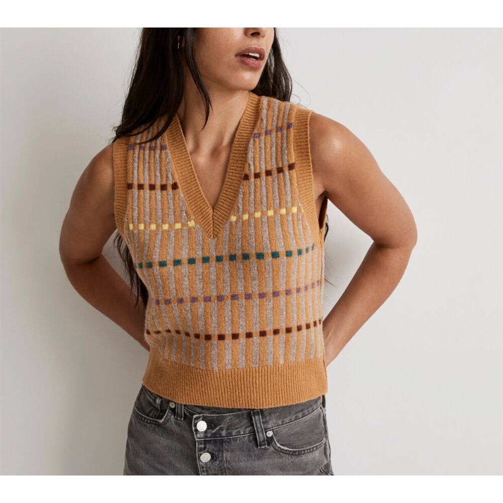 Madewell Jacquard V-Neck Sweater Vest in Heather Vintage Gold - S - Picture 2 of 9
